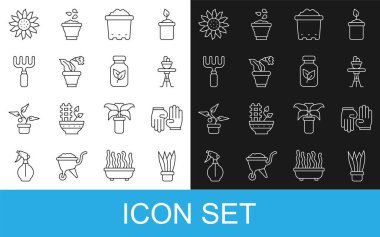 Kabın içine bitki, masaya lastik eldiven, toprak, çiçek, bahçe tırmığı ve gübre şişesi ikonu koyun. Vektör