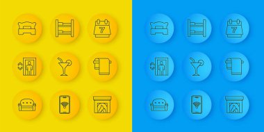 Koltuk, Kaldıraç, Kokteyl, şömine, Havlu askıda, Yatak Odası, Otel rezervasyon takvimi ve yatak ikonu. Vektör