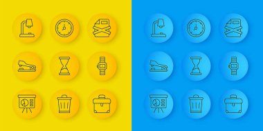 Satır tahtasını grafik, zımba, eski kum saati, evrak çantası, kol saati, masa lambası, dosya belgesi ve saat simgesi ile ayarla. Vektör