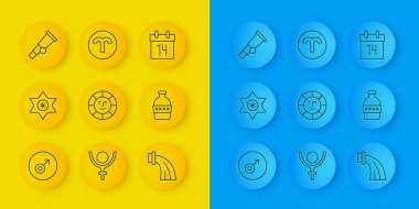 Batan yıldız, kayan yıldız, Kova burcu, bir şişe su, Teleskop, Takvim ve Koç ikonu. Vektör