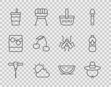 Şerit şarap tirbuşonu, kamp şapkası, piknik sepeti, güneş ve bulut havası, su, kiraz, karpuz ve bir şişe ikon içeren kağıt bardak. Vektör