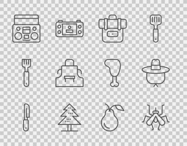Çizgi, Bıçak, Sivrisinek, Yürüyüş sırt çantası, Ağaç, iki hoparlörlü ev teybi, mutfak önlüğü, Armut ve Kamp şapkası ikonu. Vektör