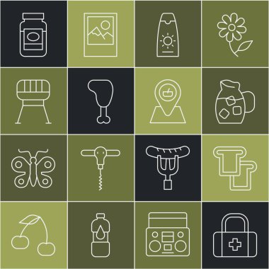 İlk yardım çantası, ekmek tostu, suyla sürahi bardağı, tüpte güneş kremi, tavuk bacağı, ızgara ızgara, reçel kavanozu ve piknik yeri ikonu. Vektör