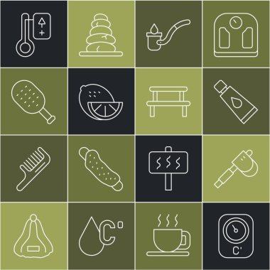 Sauna termometresi, tahta balta, krem veya losyon kozmetik tüp, kepçe, limon, fırça ve ahşap bank ikonu. Vektör