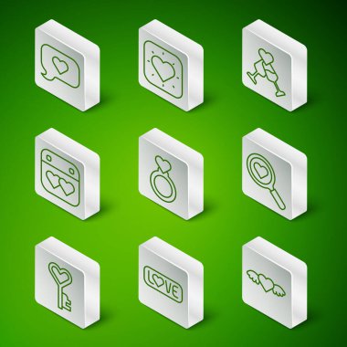 Kanatlı Kalp, Aşk metni, konuşma balonu, alyans, takvim kalbi, anahtar şekli ve arama ve aşk ikonu. Vektör