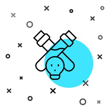 Beyaz zemin üzerinde iksir ikonu olan siyah çizgi şişesi. Sihirli iksirli matara. Mutlu Cadılar Bayramı Partisi. Rastgele dinamik şekiller. Vektör