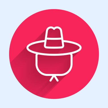 Beyaz çizgi kamp şapkası ikonu uzun gölge arkaplan izole. Plaj şapkası panaması. Avcılık, yürüyüş ve turizm için gezgin şapkası. Kırmızı daire düğmesi. Vektör