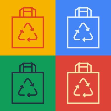 Renkli arka planda izole edilmiş geri dönüşüm ikonlu kağıt alışveriş torbası. Geri dönüşüm sembollü çanta. Vektör