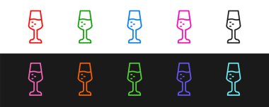 Siyah beyaz arka planda izole edilmiş şampanya ikonu çizgisi. Sevgililer günün kutlu olsun. Vektör