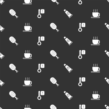 Krema ya da losyon kozmetik tüpü, bir fincan çay, sauna fırçası ve termometreyi pürüzsüz desene göre ayarla. Vektör