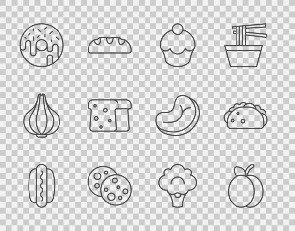 设置热线热狗 李子果 饼干与巧克力 甜甜圈 面包吐司 花椰菜和玉米饼图标 — 图库矢量图片
