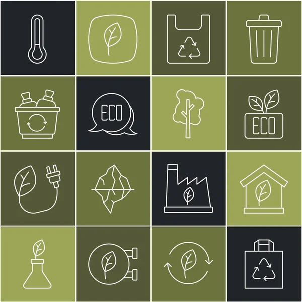设置线购物袋与回收 生态友好的房子 叶子符号 回收箱 温度计和树图标 — 图库矢量图片