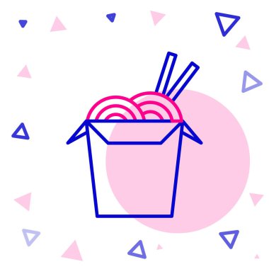 Karton kutuda Asya erişteleri ve beyaz arka planda izole edilmiş yemek çubukları ikonu. Sokak yemeği. Kore, Japon, Çin yemekleri. Renkli taslak konsepti. Vektör İllüstrasyonu.