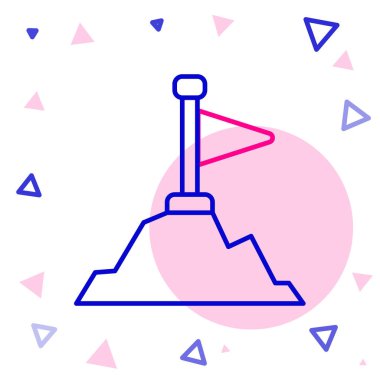 Beyaz zemin üzerinde bayrak bulunan çizgi dağları. Zaferin ya da başarının sembolü. Gol başarısı. Renkli taslak konsepti. Vektör