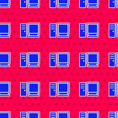 Mavi Bilgisayar monitörü simgesi kırmızı arkaplanda izole edilmiş. Bilgisayar bileşeni işareti. Vektör İllüstrasyonu.