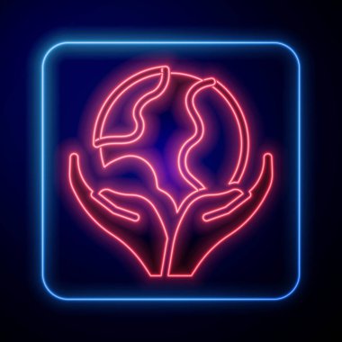 Parlayan neon insan eli, Dünya 'nın simgesini siyah arkaplanda izole bir şekilde tutuyor. Dünya kavramını sakla. Vektör.
