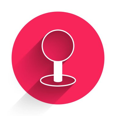 Beyaz itme iğne simgesi uzun gölgeli. Raptiye işareti. Kırmızı daire düğmesi. Vektör.