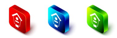 Beyaz arkaplanda Isometric Bird House simgesi izole edildi. Yuva kutusu kuş evi, kuşlar için ev yapımı bina. Kırmızı, mavi ve yeşil kare düğme. Vektör.