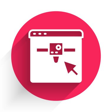 Beyaz 3D yazıcı ayarı simgesi uzun gölgeyle izole edildi. 3D baskı. Kırmızı daire düğmesi. Vektör.