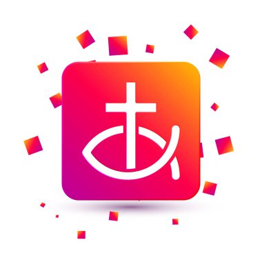 Beyaz arka planda izole edilmiş beyaz Hristiyan balık sembolü. İsa 'nın balık sembolü. Kare renk düğmesi. Vektör.