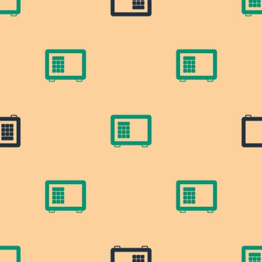 Yeşil ve siyah kasa simgesi, bej arkaplandaki kusursuz deseni izole etti. Kapı, şifreli bir banka kasası. Güvenilir Veri Koruma. Vektör