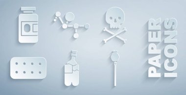 Esrar, Kafatası çapraz kemikleri, hap paketleri, afyon haşhaşı, kenevir molekülü, ilaç şişesi ve hap ikonu için Bong ayarlayın. Vektör