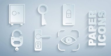 Kapı kolunu ayarla, kapalı kilidi olan mobil, kilit anahtarı, göz taraması, Eski ve Güvenli simgesi. Vektör