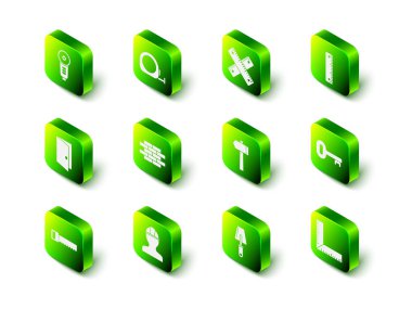 Rulet inşaatı, çapraz cetvel, cetvel, eski anahtar, köşe, çekiç, mala ve işçi kaskı ikonu. Vektör