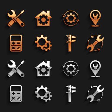 Gear, anahtar anahtarı, ingiliz anahtarı ve okları iş akışı, Calliper kalibre ölçeği, hesap makinesi, tornavida ve House vites simgesi olarak ayarla. Vektör