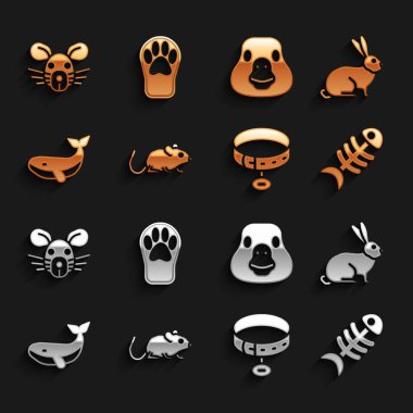 Set Rat, Tavşan, Balık iskeleti, Yakalı isim etiketi, Balina, Kaz kuşu, kafa ve Pençe baskı simgesi. Vektör