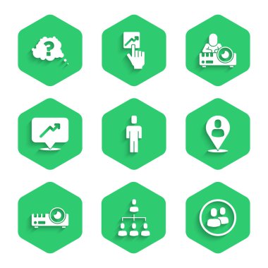 Kafa avcılığı, Hiyerarşi organizogram şeması, Proje ekibi üssü, İşçi konumu, Medya projektörü, Grafik çizelgesi, çizelge ve soru işareti simgesi. Vektör