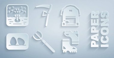 Bahçe yabası, çiftlik evi, tavuk yumurtası, su geçirmez lastik bot, tırpan ve otomatik sulama ikonu. Vektör