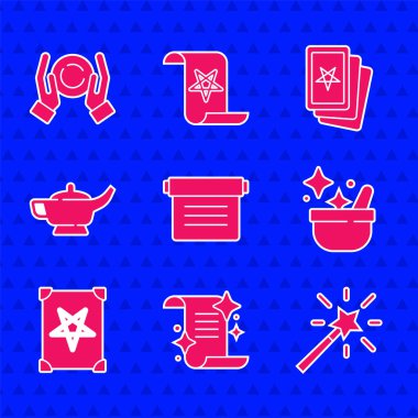 Kadim büyü kitabı, sihirli değnek, cadı kazanı, lamba ya da Aladdin, üç tarot kartı ve top el ikonu. Vektör