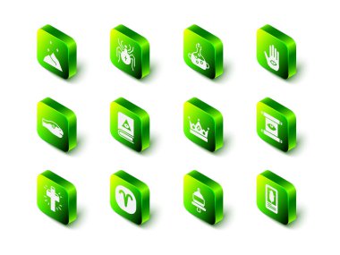 Spider, Poison in bottle, Hamsa hand, Ancient magic tomarı, Tarot kartları, King Crown, zil sesi ve Aries Zodiac ikonu. Vektör