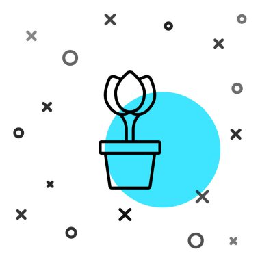 Siyah çizgili çiçek lalesi, beyaz arkaplanda izole edilmiş bir çömlek ikonu. Tencerede yetişen bir bitki. Saksı bitkisi işareti. Rastgele dinamik şekiller. Vektör.