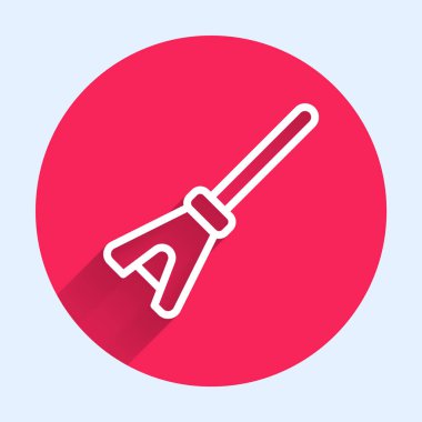 Beyaz çizgi paspas simgesi uzun gölgeli izole edildi. Temizlik hizmeti konsepti. Kırmızı daire düğmesi. Vektör.