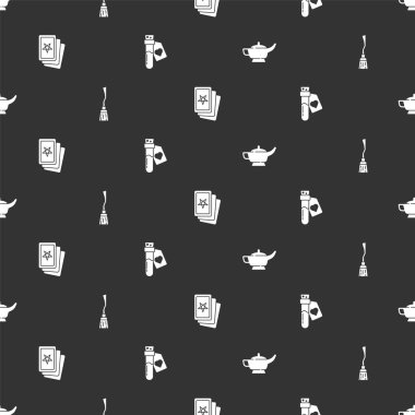 Sihirli lambayı ya da Aladdin 'i, cadıları süpürgeyi, üç tarot kartını ve dikişsiz desenli aşk iksirini hazırla. Vektör