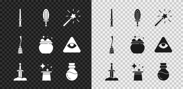 Zauberstab Feuerschwert Steinschwert Hut Flasche Mit Zaubertrank Hexenbesen Und Hexenkessel — Stockvektor