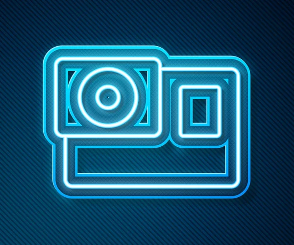 Glowing Neon Line Action Extreme Camera Icon Isolated Blue Background — Stock Vector