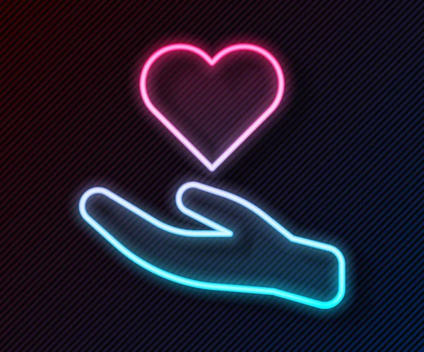 Leuchtende Leuchtschrift Herz Der Hand Symbol Isoliert Auf Schwarzem Hintergrund — Stockvektor