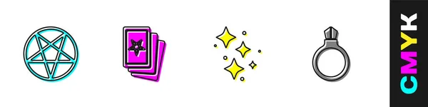 Set Pentagramm Einem Kreis Drei Tarot Karten Funkelnde Sterne Mit — Stockvektor