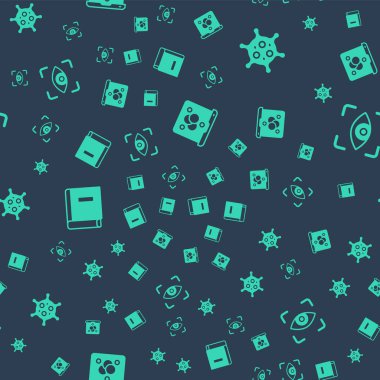 Kimyasal formül, virüs, bilim kitabı ve göz taramasını kusursuz desen üzerine ayarla. Vektör