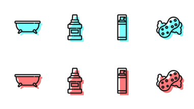 Traş jeli köpüğü, küvet, gargara şişesi ve sünger ikonu. Vektör.