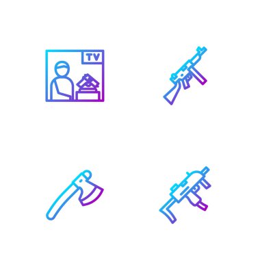 MP9I hafif makineli tüfek, tahta balta, reklam silahı ve Tommy. Renk simgeleri. Vektör.