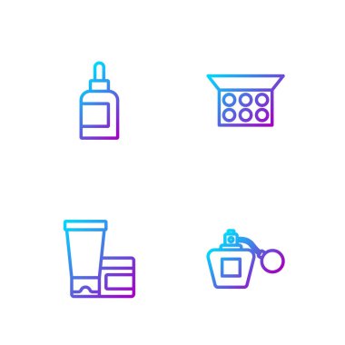 Parfüm, krem ya da losyon kozmetik tüpü ve aynalı makyaj tozunu ayarla. Renk simgeleri. Vektör