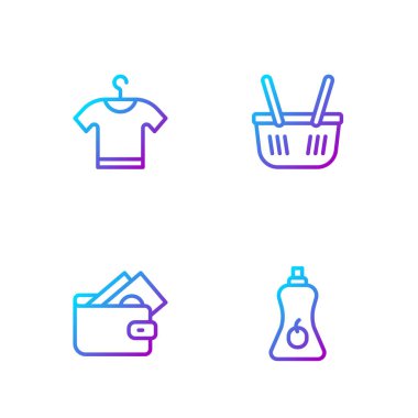 Sos şişesi, para dolu cüzdan, tişört ve alışveriş sepeti. Renk simgeleri. Vektör