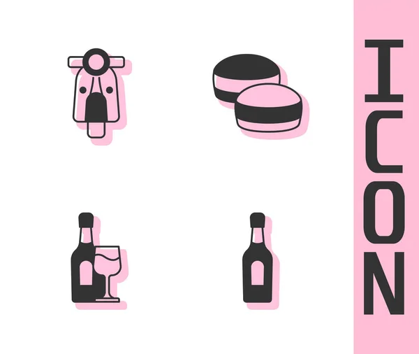 Set Botella Champán Scooter Vino Con Copa Macaron Icono Galleta — Archivo Imágenes Vectoriales