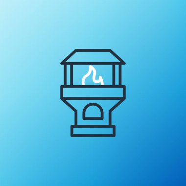 Brick marka ocak simgesi mavi arkaplanda izole edildi. Tuğla şömine, taş ocağı, taş fırın ikonu. Renkli taslak konsepti. Vektör