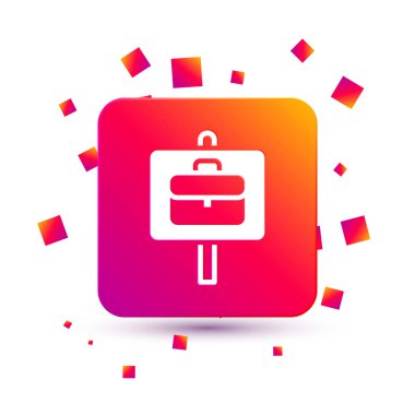 Beyaz arka planda izole edilmiş evrak çantası simgesi olan beyaz büyüteç. İş arıyorum. İş arama konsepti. İşsizlik, kelle avcılığı, kariyer. Kare renk düğmesi. Vektör