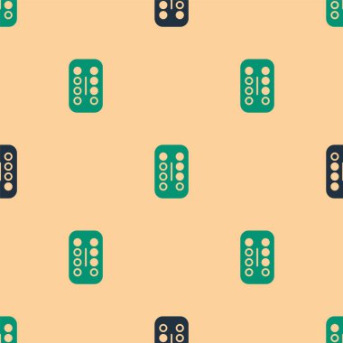 Yeşil ve siyah sakinleştirici haplar ikonu bej arka planda izole edilmiş kusursuz desen. Vektör